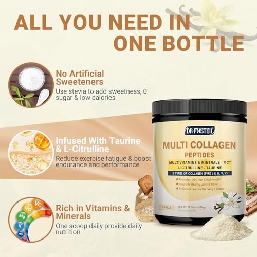 DRFOSTER Vanille Kollagen Peptide Pulver für Frauen & Männer, Multi Typ I II III V X Kollagen mit Multivitaminen & Mineralien für Haut, Haare & Nägel & Gelenke, Nicht-GVO, 35 Portionen