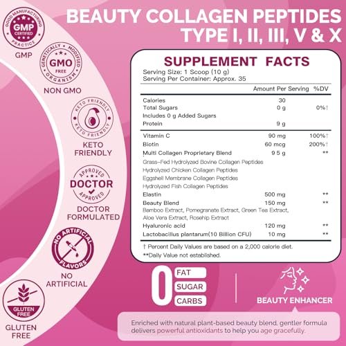 DRFOSTER Multi-Collagen-Peptiden-Pulver für Frauen – Typ I, II, III, V, X, hydrolysiertes Kollagenpulver mit Beauty-Komplex, Vitamin C & Biotin für Haut, Haare, Nägel, Gelenke, Nicht-GVO, 35 Portionen