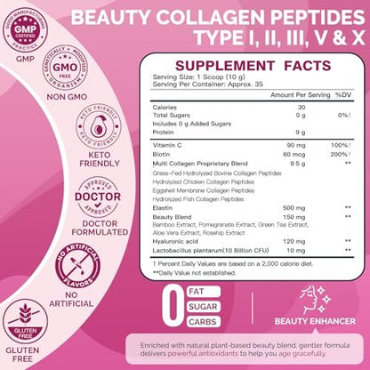 DRFOSTER Multi-Collagen-Peptiden-Pulver für Frauen – Typ I, II, III, V, X, hydrolysiertes Kollagenpulver mit Beauty-Komplex, Vitamin C & Biotin für Haut, Haare, Nägel, Gelenke, Nicht-GVO, 35 Portionen