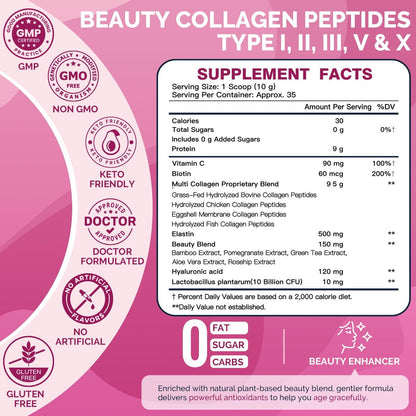 DRFOSTER Multi-Collagen-Peptiden-Pulver für Frauen – Typ I, II, III, V, X, hydrolysiertes Kollagenpulver mit Beauty-Komplex, Vitamin C & Biotin für Haut, Haare, Nägel, Gelenke, Nicht-GVO, 35 Portionen