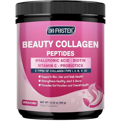 DRFOSTER Multi-Collagen-Peptiden-Pulver für Frauen – Typ I, II, III, V, X, hydrolysiertes Kollagenpulver mit Beauty-Komplex, Vitamin C & Biotin für Haut, Haare, Nägel, Gelenke, Nicht-GVO, 35 Portionen