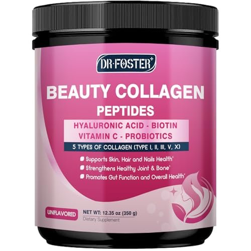 DRFOSTER Multi-Collagen-Peptiden-Pulver für Frauen – Typ I, II, III, V, X, hydrolysiertes Kollagenpulver mit Beauty-Komplex, Vitamin C & Biotin für Haut, Haare, Nägel, Gelenke, Nicht-GVO, 35 Portionen