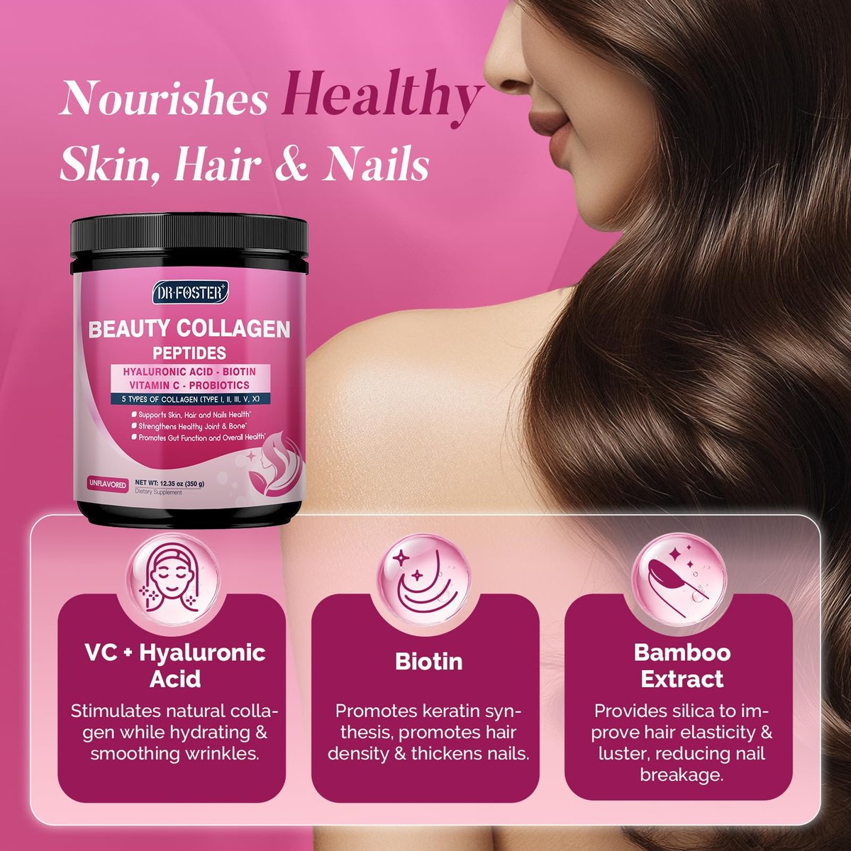 DRFOSTER Multi-Collagen-Peptiden-Pulver für Frauen – Typ I, II, III, V, X, hydrolysiertes Kollagenpulver mit Beauty-Komplex, Vitamin C & Biotin für Haut, Haare, Nägel, Gelenke, Nicht-GVO, 35 Portionen