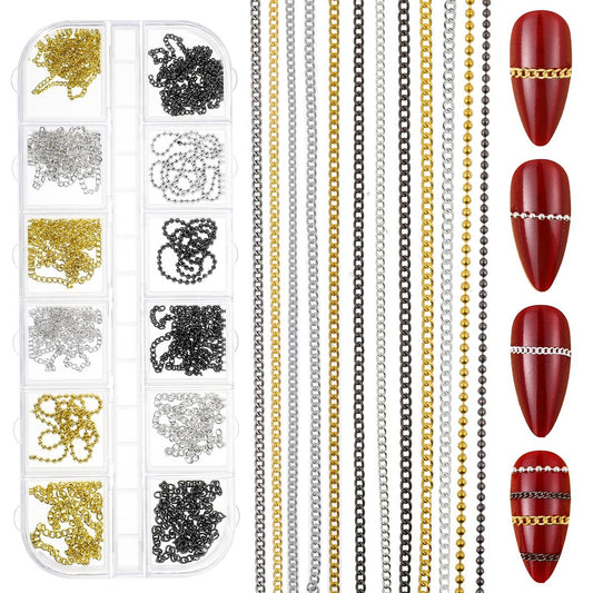 JIYIN 12 Streifen Metall Nagelketten Charms - 3D Gold, Silber & Grau Nagelketten mit Aufbewahrungsbox, Maniküre-Schmuckketten für DIY-Persönlichkeitsmaniküre
