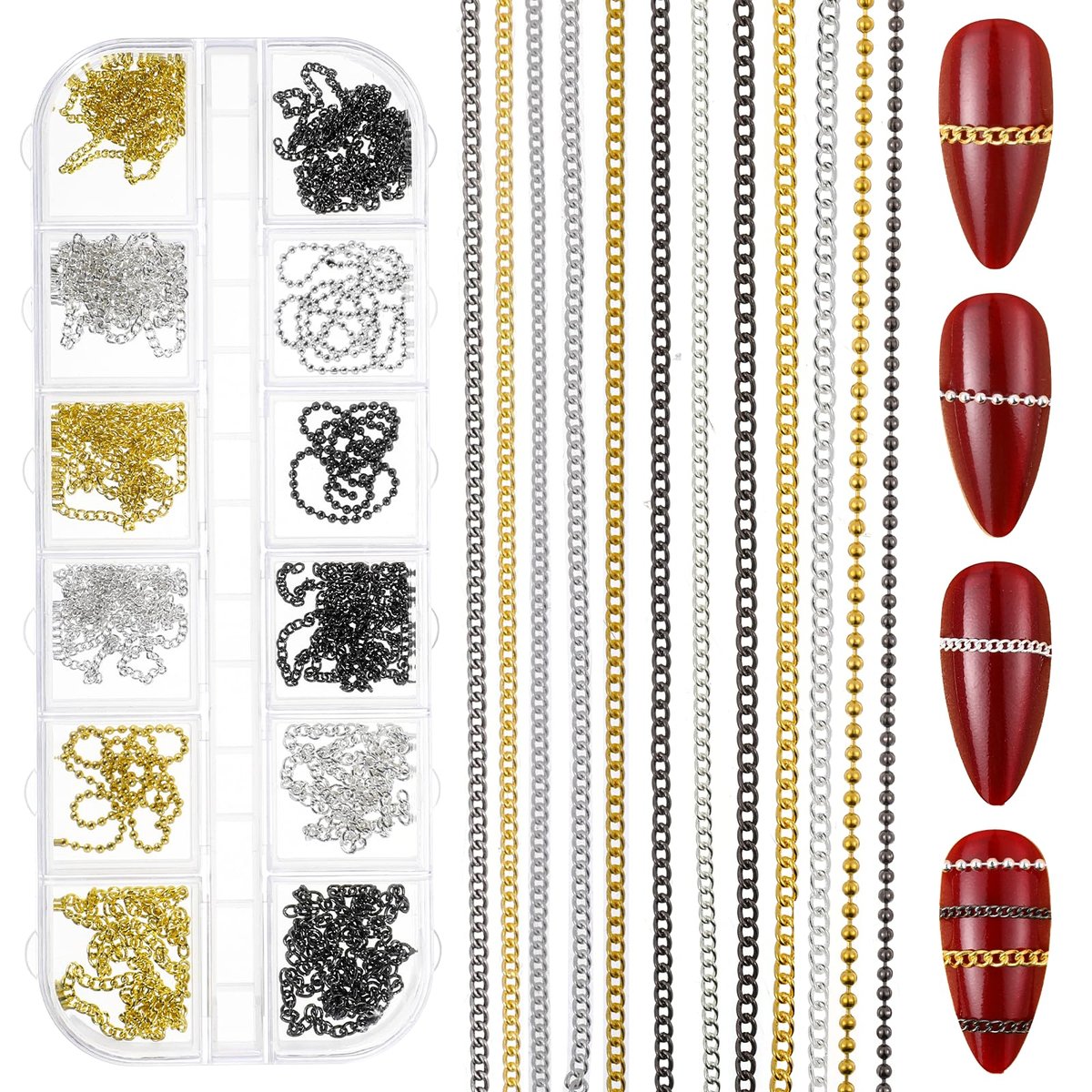 JIYIN 12 Streifen Metall Nagelketten Charms - 3D Gold, Silber & Grau Nagelketten mit Aufbewahrungsbox, Maniküre-Schmuckketten für DIY-Persönlichkeitsmaniküre