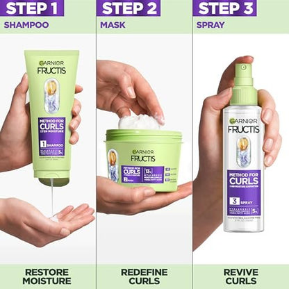 Garnier Fructis Method for Curls Feuchtigkeitsspendendes Shampoo für lockiges Haar mit bis zu 5 % Hyaluron-Feuchtigkeitskomplex, entwickelt und getestet für Locken und Coils von Typ 2C bis 4C, 6,8 fl oz