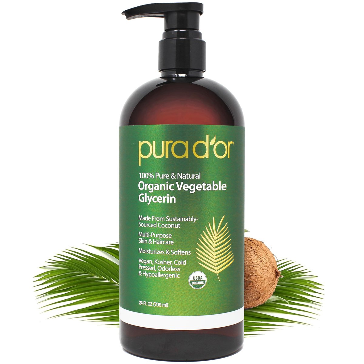 PURA D'OR 24 Oz ORGANISCHE Pflanzen-Glycerin - aus Kokosnuss - klar & geruchlos - 100% rein, Premium-Qualität, Non-GMO, Koscher, Vegan, Kaltgepresst, für Haar & Körper - DIY Hautpflege-Basis