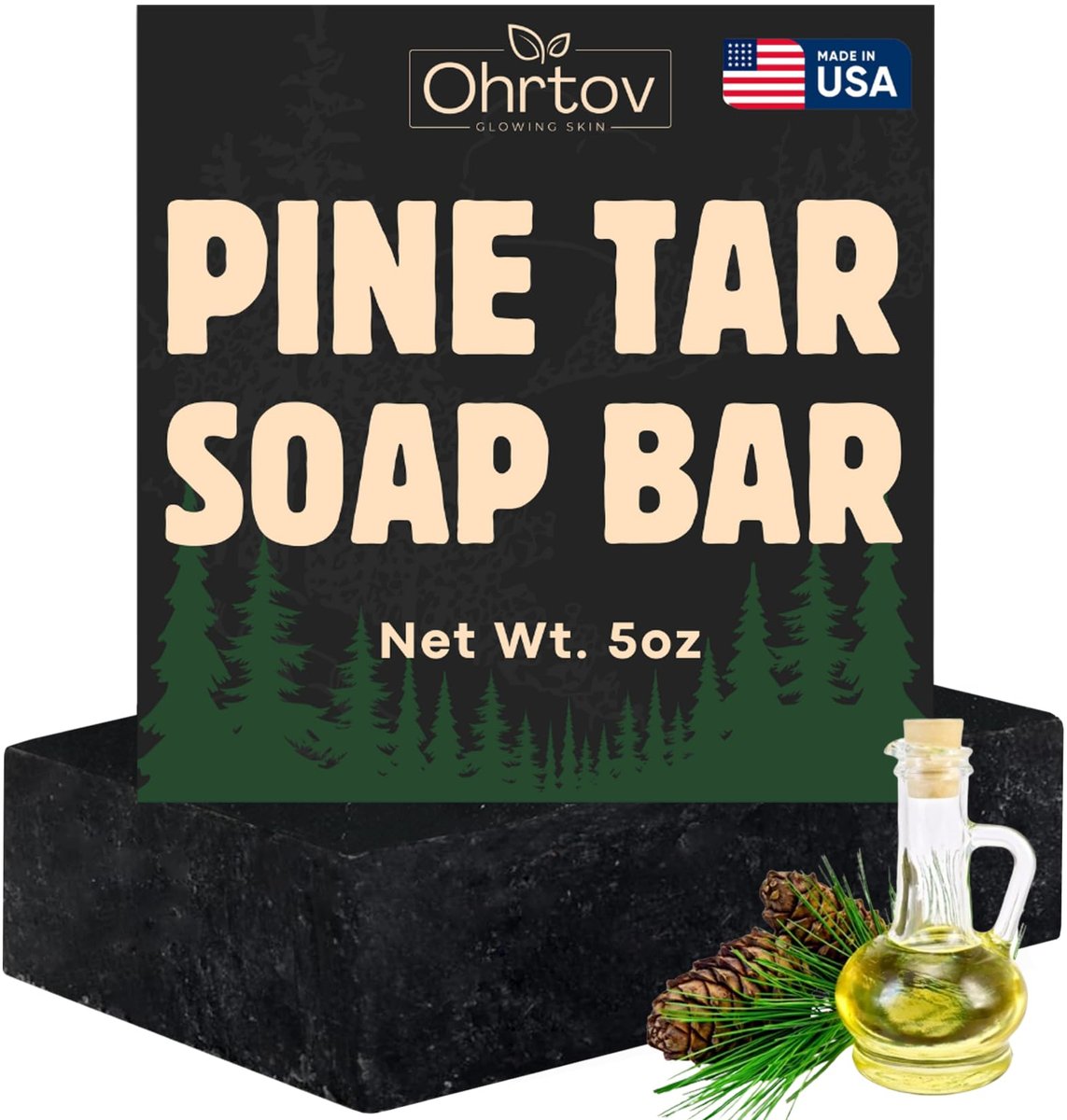 Pine Tar Seife – Natürliche Pine Tar Seife für Männer – Reinigungsseife gegen Akne, Ekzeme, Psoriasis & Juckreiz – Gesichts- & Körperwäsche mit Aktivkohle & kolloidalem Hafermehl – Herstellungsort USA