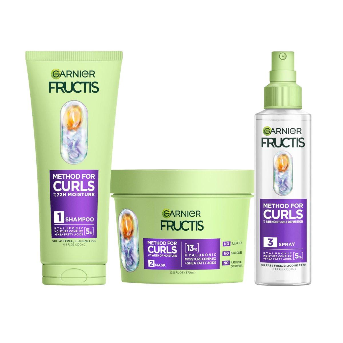 Garnier Fructis Method for Curls Curly Hair Set: Feuchtigkeitsspendendes Shampoo, Haarmaske und Curl-Refresher-Spray für Locken von 2C bis 4C