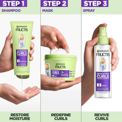 Garnier Fructis Method for Curls Curly Hair Set: Feuchtigkeitsspendendes Shampoo, Haarmaske und Curl-Refresher-Spray für Locken von 2C bis 4C