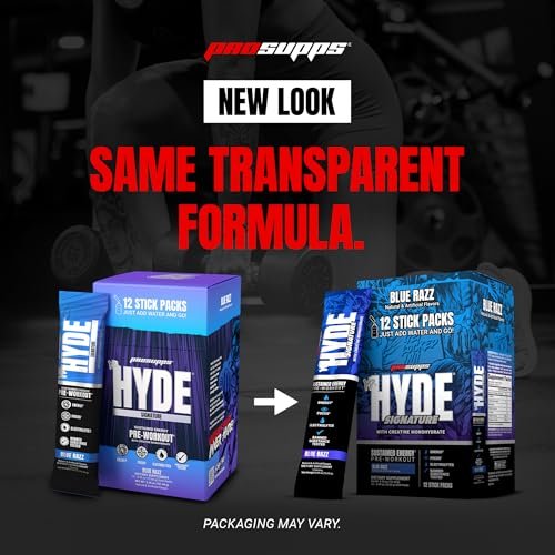 ProSupps Mr. Hyde Signature Pre Workout Drink Mix – Leistung, Energie & Ausdauer mit Kreatin, Beta-Alanin & Koffein – Saubere Gym-Ergänzung für Männer & Frauen (Blue Razz, 12 Portionen zum Mitnehmen)