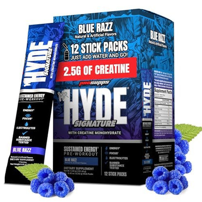ProSupps Mr. Hyde Signature Pre Workout Drink Mix – Leistung, Energie & Ausdauer mit Kreatin, Beta-Alanin & Koffein – Saubere Gym-Ergänzung für Männer & Frauen (Blue Razz, 12 Portionen zum Mitnehmen)