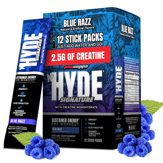 ProSupps Mr. Hyde Signature Pre Workout Drink Mix – Leistung, Energie & Ausdauer mit Kreatin, Beta-Alanin & Koffein – Saubere Gym-Ergänzung für Männer & Frauen (Blue Razz, 12 Portionen zum Mitnehmen)