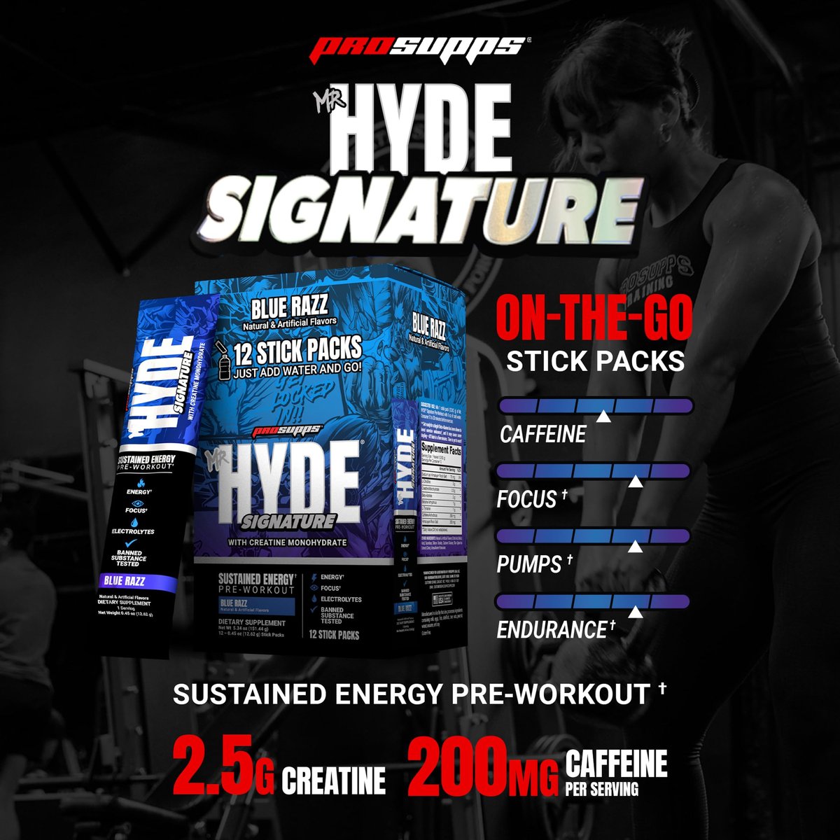 ProSupps Mr. Hyde Signature Pre Workout Drink Mix – Leistung, Energie & Ausdauer mit Kreatin, Beta-Alanin & Koffein – Saubere Gym-Ergänzung für Männer & Frauen (Blue Razz, 12 Portionen zum Mitnehmen)