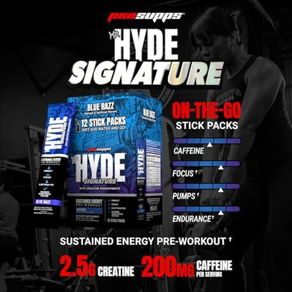 ProSupps Mr. Hyde Signature Pre Workout Drink Mix – Leistung, Energie & Ausdauer mit Kreatin, Beta-Alanin & Koffein – Saubere Gym-Ergänzung für Männer & Frauen (Blue Razz, 12 Portionen zum Mitnehmen)