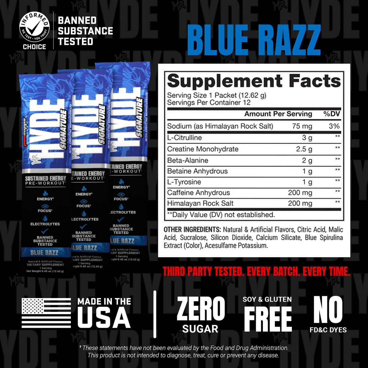 ProSupps Mr. Hyde Signature Pre Workout Drink Mix – Leistung, Energie & Ausdauer mit Kreatin, Beta-Alanin & Koffein – Saubere Gym-Ergänzung für Männer & Frauen (Blue Razz, 12 Portionen zum Mitnehmen)