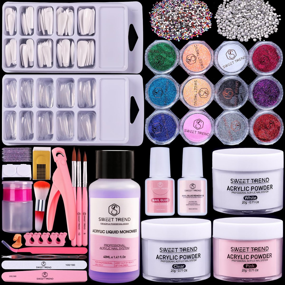 Acryl-Nagel Set für Anfänger: Professionelles Ultrafine-Acrylpulver-Kit mit 600 Nageltipps, Glitzerpulver, Nagelkleber & Entferner – Nagelkunst-Zubehör für DIY und Heim-Salon