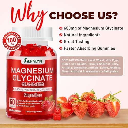 Magnesiumglycinat Gummibärchen 600 mg – Zuckerfreie Magnesium Gummis für Erwachsene, Hochabsorbierendes Magnesium für Stress- und Muskelentspannung & Nervengesundheit, Non-GMO, Glutenfrei, Vegan, 60 Stück