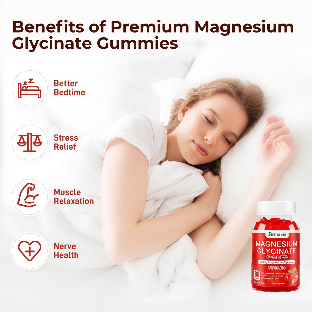 Magnesiumglycinat Gummibärchen 600 mg – Zuckerfreie Magnesium Gummis für Erwachsene, Hochabsorbierendes Magnesium für Stress- und Muskelentspannung & Nervengesundheit, Non-GMO, Glutenfrei, Vegan, 60 Stück
