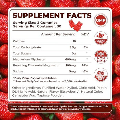 Magnesiumglycinat Gummibärchen 600 mg – Zuckerfreie Magnesium Gummis für Erwachsene, Hochabsorbierendes Magnesium für Stress- und Muskelentspannung & Nervengesundheit, Non-GMO, Glutenfrei, Vegan, 60 Stück