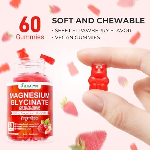 Magnesiumglycinat Gummibärchen 600 mg – Zuckerfreie Magnesium Gummis für Erwachsene, Hochabsorbierendes Magnesium für Stress- und Muskelentspannung & Nervengesundheit, Non-GMO, Glutenfrei, Vegan, 60 Stück
