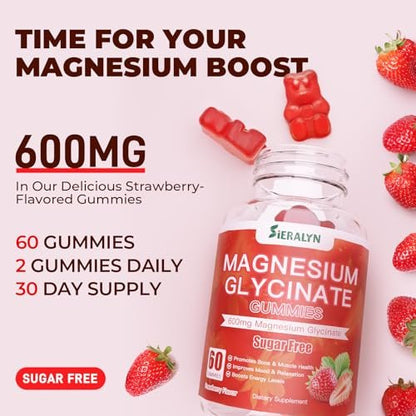 Magnesiumglycinat Gummibärchen 600 mg – Zuckerfreie Magnesium Gummis für Erwachsene, Hochabsorbierendes Magnesium für Stress- und Muskelentspannung & Nervengesundheit, Non-GMO, Glutenfrei, Vegan, 60 Stück