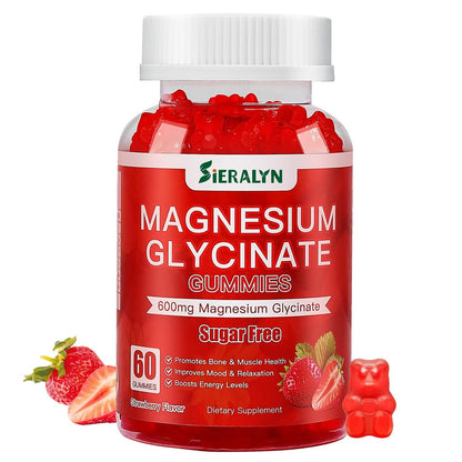 Magnesiumglycinat Gummibärchen 600 mg – Zuckerfreie Magnesium Gummis für Erwachsene, Hochabsorbierendes Magnesium für Stress- und Muskelentspannung & Nervengesundheit, Non-GMO, Glutenfrei, Vegan, 60 Stück