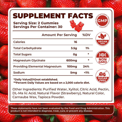 Magnesiumglycinat Gummibärchen 600 mg – Zuckerfreie Magnesium Gummis für Erwachsene, Hochabsorbierendes Magnesium für Stress- und Muskelentspannung & Nervengesundheit, Non-GMO, Glutenfrei, Vegan, 60 Stück