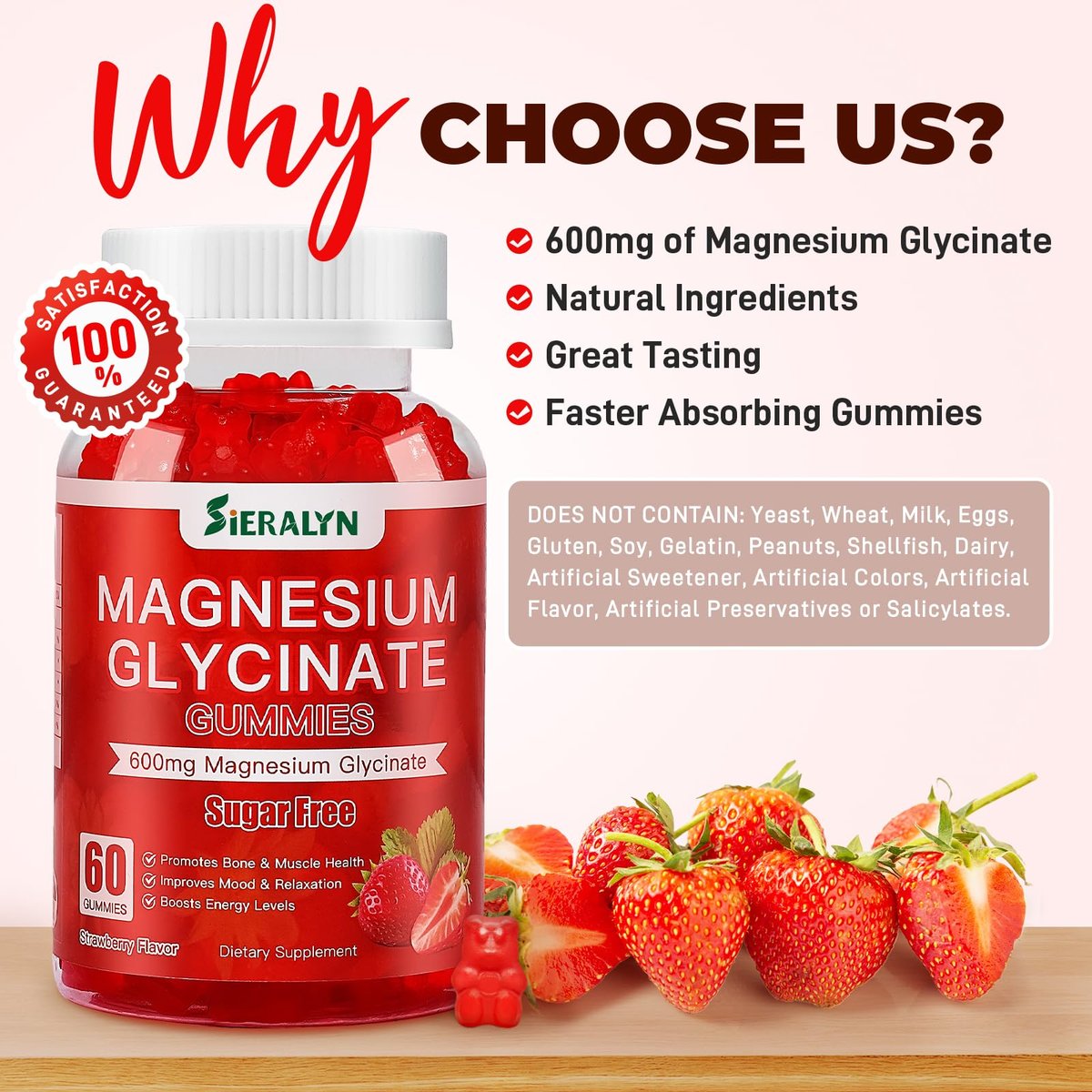 Magnesiumglycinat Gummibärchen 600 mg – Zuckerfreie Magnesium Gummis für Erwachsene, Hochabsorbierendes Magnesium für Stress- und Muskelentspannung & Nervengesundheit, Non-GMO, Glutenfrei, Vegan, 60 Stück