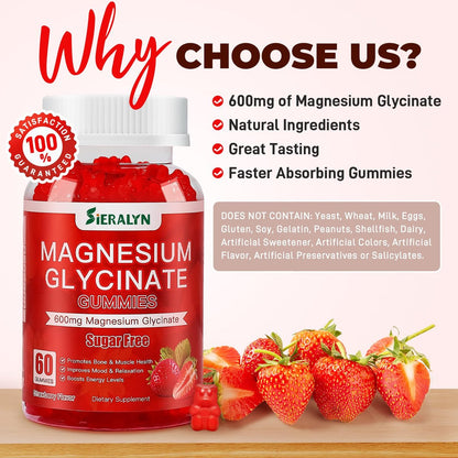 Magnesiumglycinat Gummibärchen 600 mg – Zuckerfreie Magnesium Gummis für Erwachsene, Hochabsorbierendes Magnesium für Stress- und Muskelentspannung & Nervengesundheit, Non-GMO, Glutenfrei, Vegan, 60 Stück
