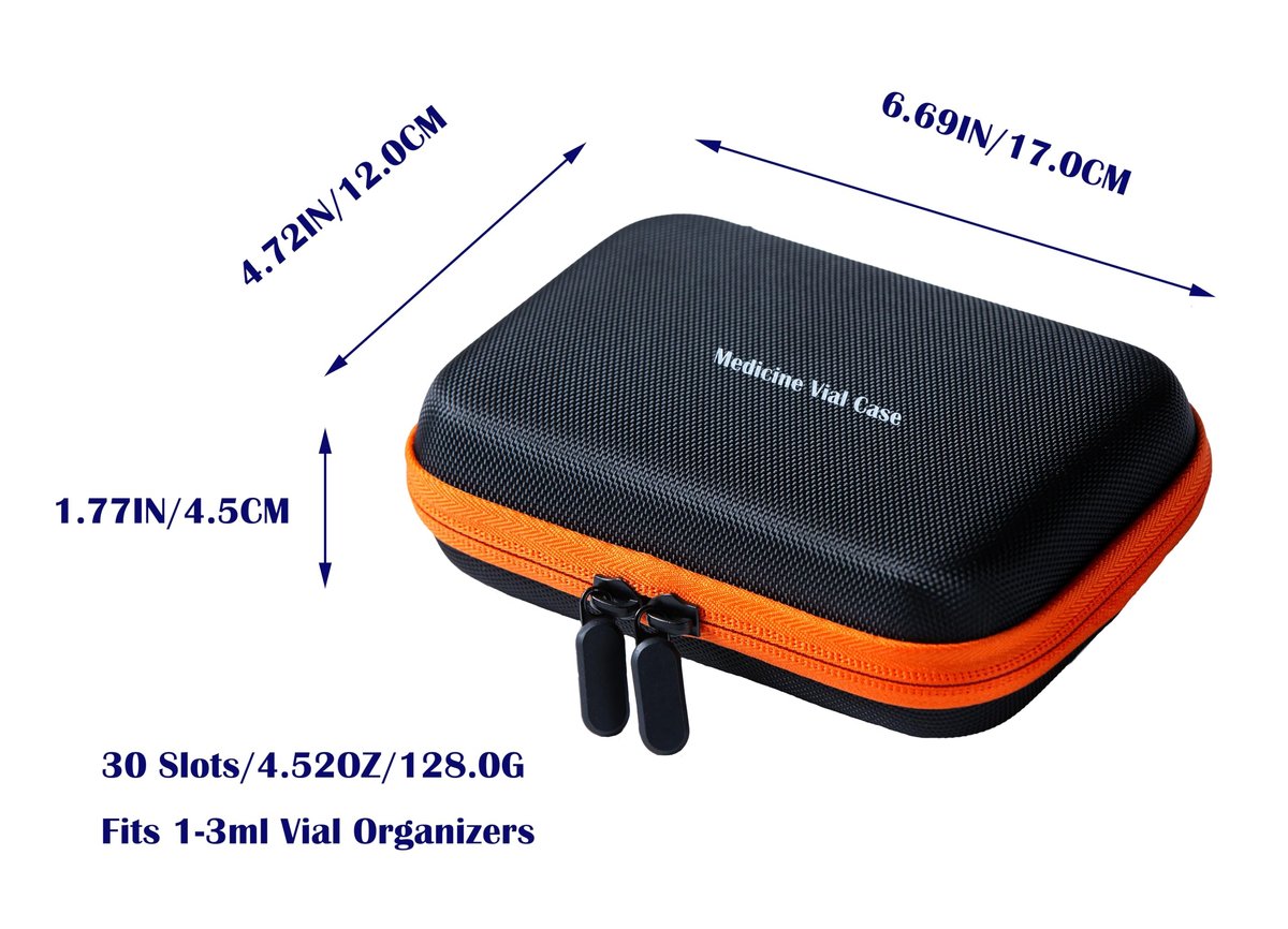 Moyite 30 Slots Peptid-Aufbewahrungsetui für Kühlschrank – Passend für 1ml, 2ml, 3ml Vials für Peptide, Insulin und GLP-1 – Mit Handschlaufe und Logo – Schwarz und Orange, Etui nur, 1 Stück
