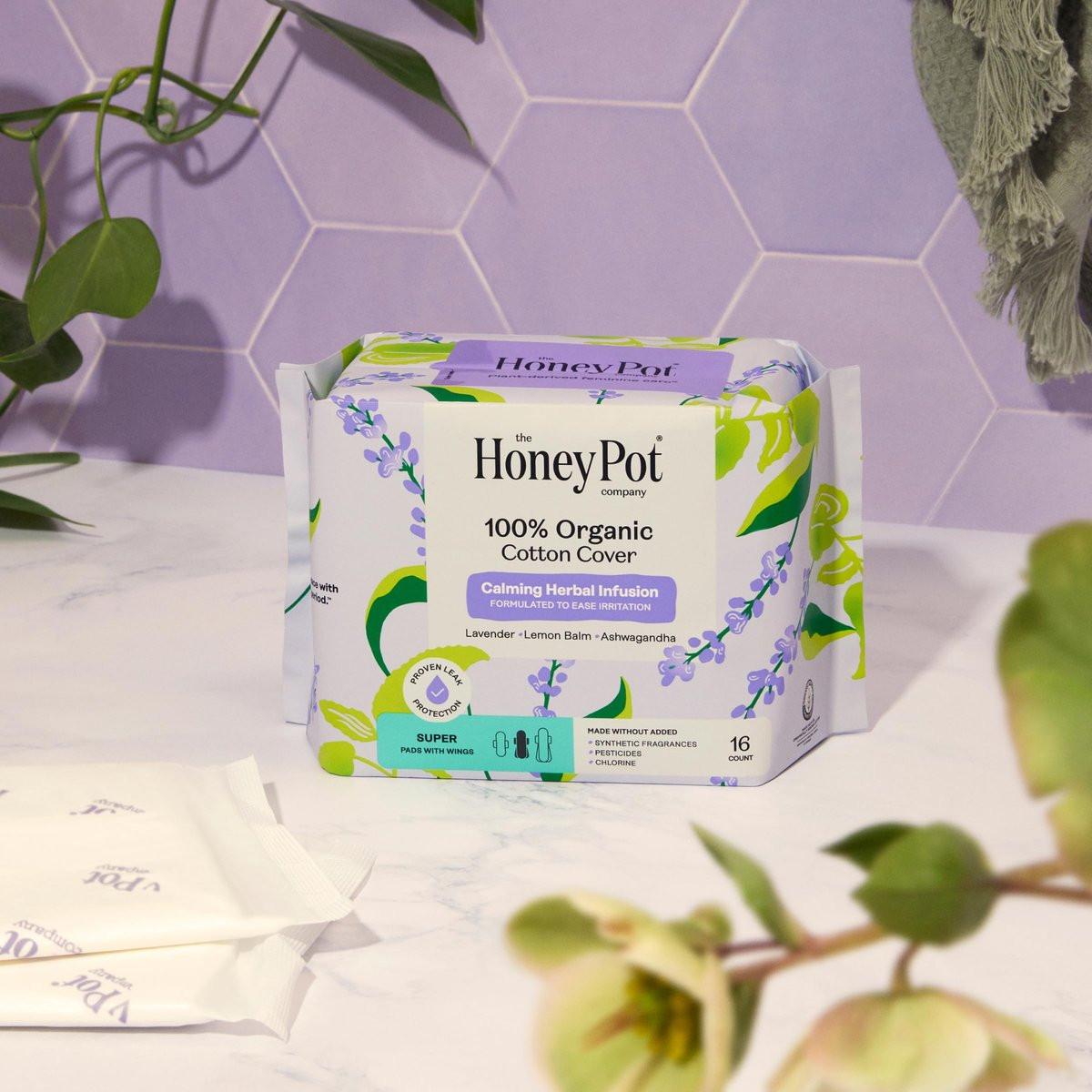 Honey Pot - Beruhigende Kräuter-Super-Binden für Frauen - 100% Bio-Baumwoll-Deckblatt - Damenhygiene - Nicht kühlend - Beruhigende Kräuter mit Lavendel, Ashwagandha & Zitronenmelisse - 16 Stück