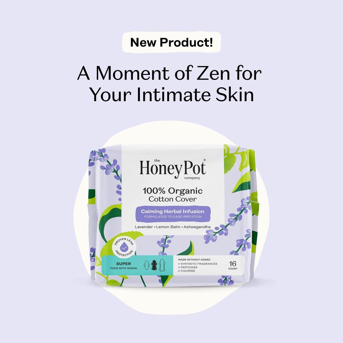 Honey Pot - Beruhigende Kräuter-Super-Binden für Frauen - 100% Bio-Baumwoll-Deckblatt - Damenhygiene - Nicht kühlend - Beruhigende Kräuter mit Lavendel, Ashwagandha & Zitronenmelisse - 16 Stück