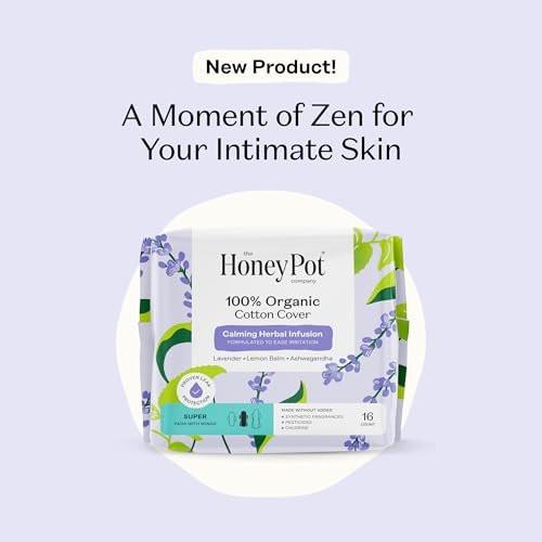 Honey Pot - Beruhigende Kräuter-Super-Binden für Frauen - 100% Bio-Baumwoll-Deckblatt - Damenhygiene - Nicht kühlend - Beruhigende Kräuter mit Lavendel, Ashwagandha & Zitronenmelisse - 16 Stück