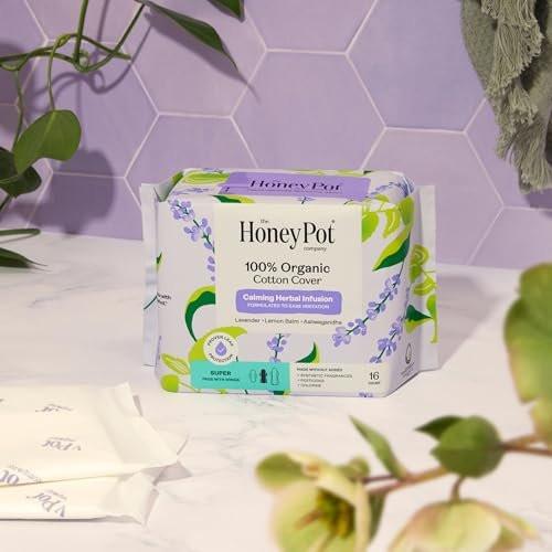 Honey Pot - Beruhigende Kräuter-Super-Binden für Frauen - 100% Bio-Baumwoll-Deckblatt - Damenhygiene - Nicht kühlend - Beruhigende Kräuter mit Lavendel, Ashwagandha & Zitronenmelisse - 16 Stück