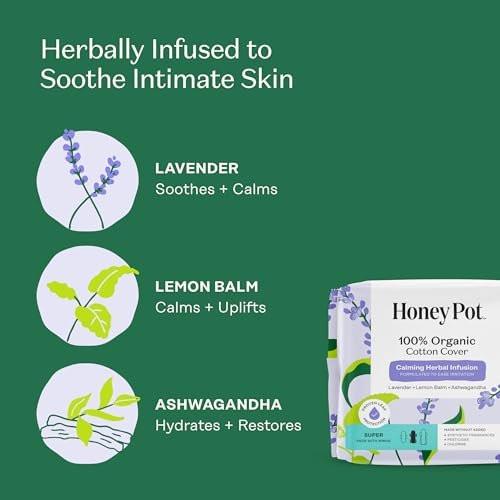 Honey Pot - Beruhigende Kräuter-Super-Binden für Frauen - 100% Bio-Baumwoll-Deckblatt - Damenhygiene - Nicht kühlend - Beruhigende Kräuter mit Lavendel, Ashwagandha & Zitronenmelisse - 16 Stück