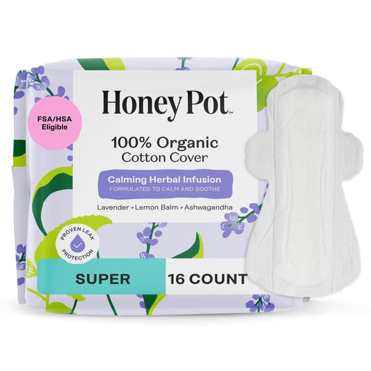 Honey Pot - Beruhigende Kräuter-Super-Binden für Frauen - 100% Bio-Baumwoll-Deckblatt - Damenhygiene - Nicht kühlend - Beruhigende Kräuter mit Lavendel, Ashwagandha & Zitronenmelisse - 16 Stück