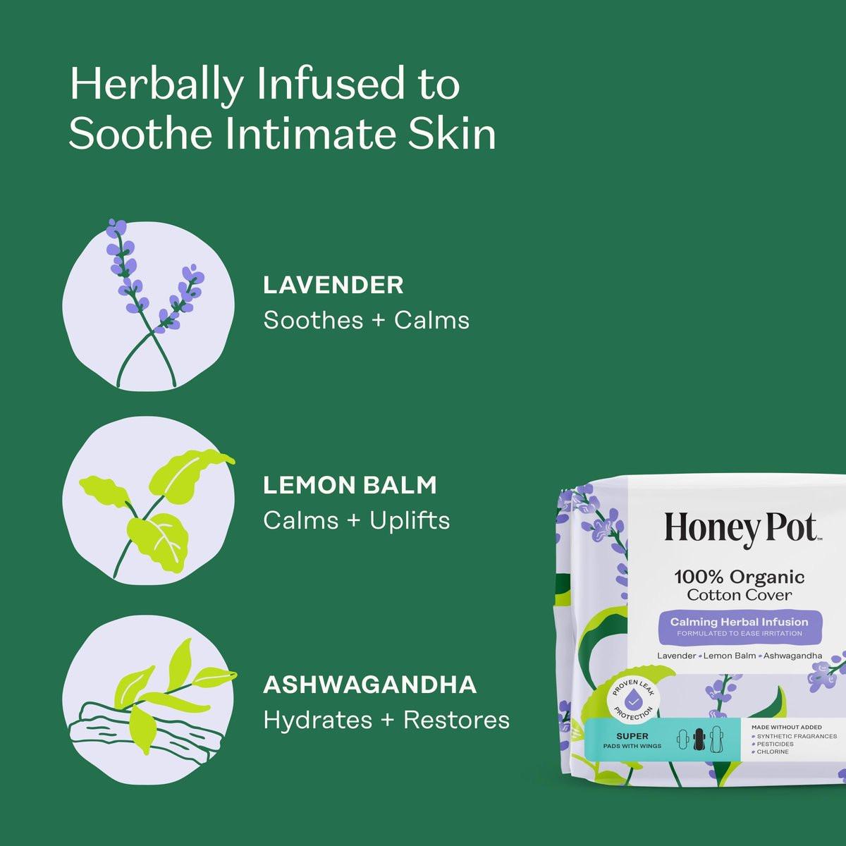 Honey Pot - Beruhigende Kräuter-Super-Binden für Frauen - 100% Bio-Baumwoll-Deckblatt - Damenhygiene - Nicht kühlend - Beruhigende Kräuter mit Lavendel, Ashwagandha & Zitronenmelisse - 16 Stück