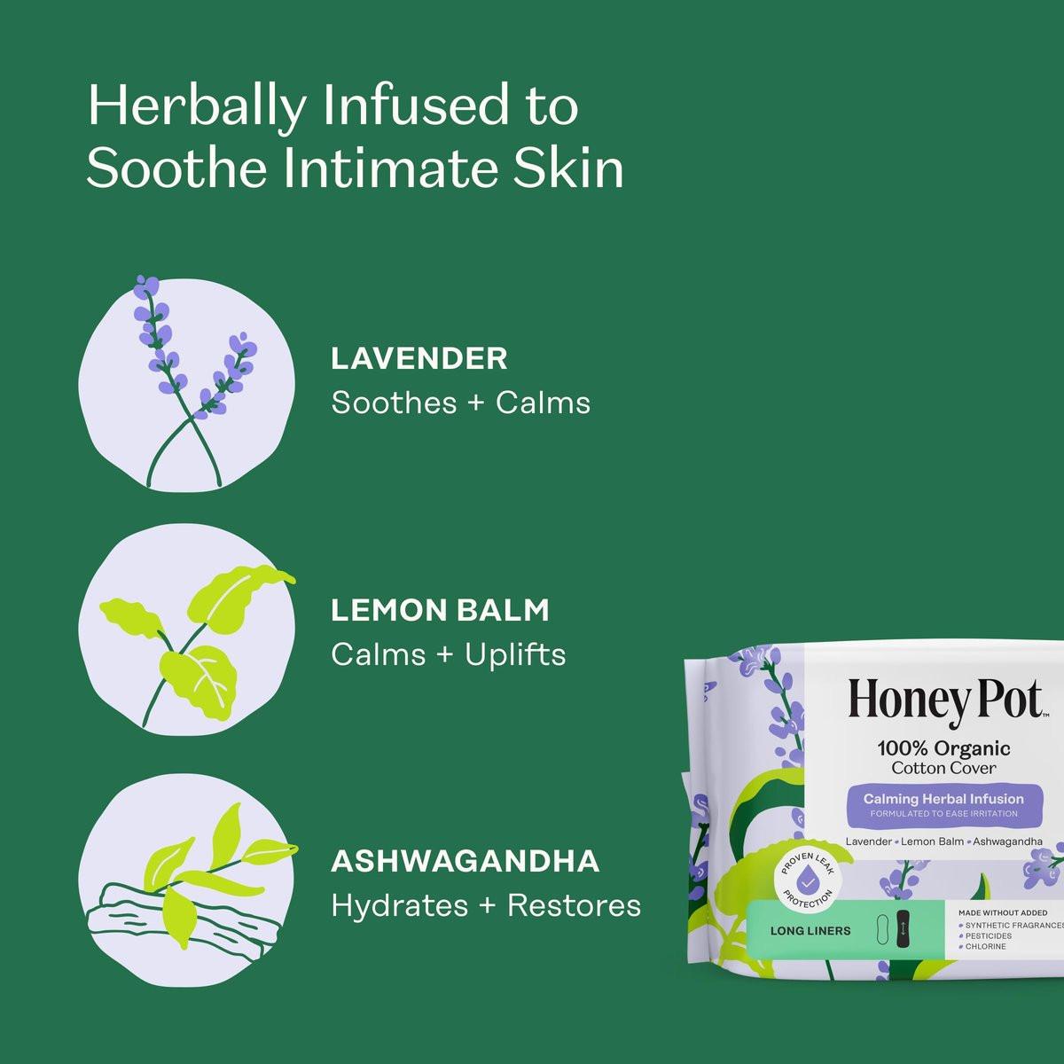 Honey Pot - Beruhigende lange Slipeinlagen für Frauen - 100% Bio-Baumwoll-Auflage - Damenpflege - nicht kühlend - beruhigende Kräuter mit Lavendel, Ashwagandha und Zitronenmelisse - 30 Stück