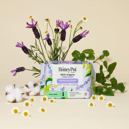 Honey Pot - Beruhigende lange Slipeinlagen für Frauen - 100% Bio-Baumwoll-Auflage - Damenpflege - nicht kühlend - beruhigende Kräuter mit Lavendel, Ashwagandha und Zitronenmelisse - 30 Stück