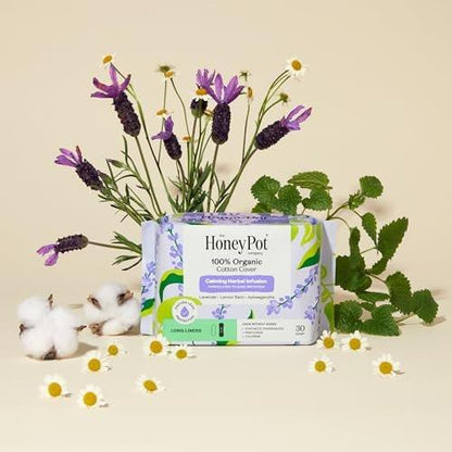Honey Pot - Beruhigende lange Slipeinlagen für Frauen - 100% Bio-Baumwoll-Auflage - Damenpflege - nicht kühlend - beruhigende Kräuter mit Lavendel, Ashwagandha und Zitronenmelisse - 30 Stück