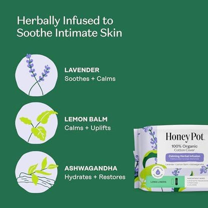 Honey Pot - Beruhigende lange Slipeinlagen für Frauen - 100% Bio-Baumwoll-Auflage - Damenpflege - nicht kühlend - beruhigende Kräuter mit Lavendel, Ashwagandha und Zitronenmelisse - 30 Stück