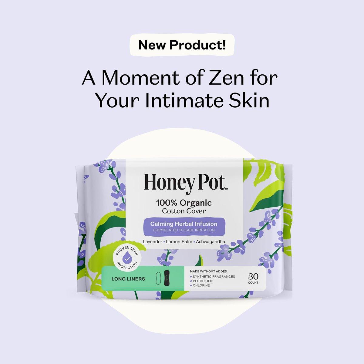 Honey Pot - Beruhigende lange Slipeinlagen für Frauen - 100% Bio-Baumwoll-Auflage - Damenpflege - nicht kühlend - beruhigende Kräuter mit Lavendel, Ashwagandha und Zitronenmelisse - 30 Stück