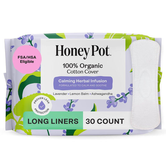 Honey Pot - Beruhigende lange Slipeinlagen für Frauen - 100% Bio-Baumwoll-Auflage - Damenpflege - nicht kühlend - beruhigende Kräuter mit Lavendel, Ashwagandha und Zitronenmelisse - 30 Stück