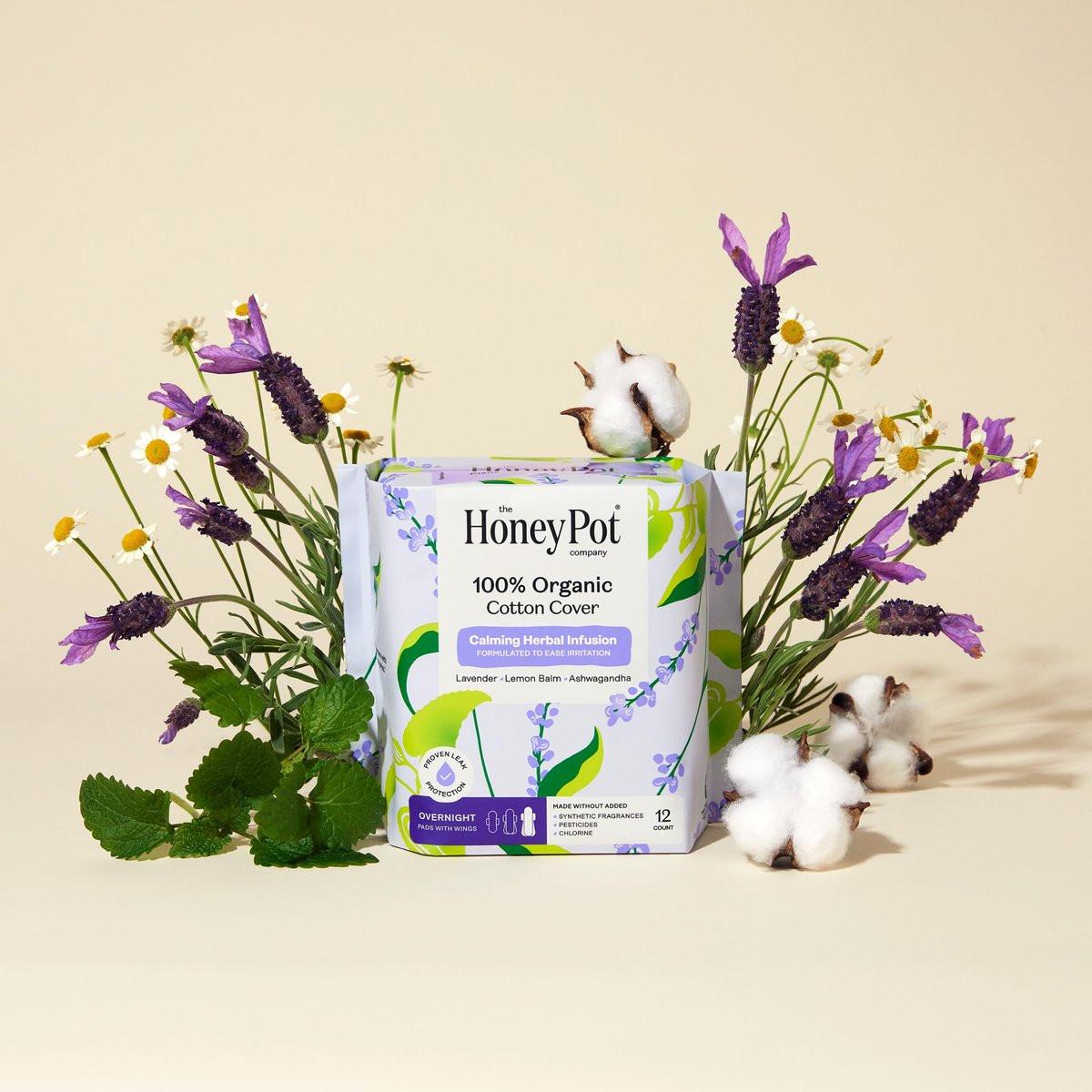 Honey Pot Beruhigende Übernacht-Binden für Frauen – 100% Bio-Baumwoll-Decklage – Damenpflege – Nicht kühlend – Beruhigende Kräuter mit Lavendel, Ashwagandha & Zitronenmelisse – 12 Stück