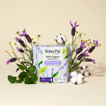 Honey Pot Beruhigende Übernacht-Binden für Frauen – 100% Bio-Baumwoll-Decklage – Damenpflege – Nicht kühlend – Beruhigende Kräuter mit Lavendel, Ashwagandha & Zitronenmelisse – 12 Stück