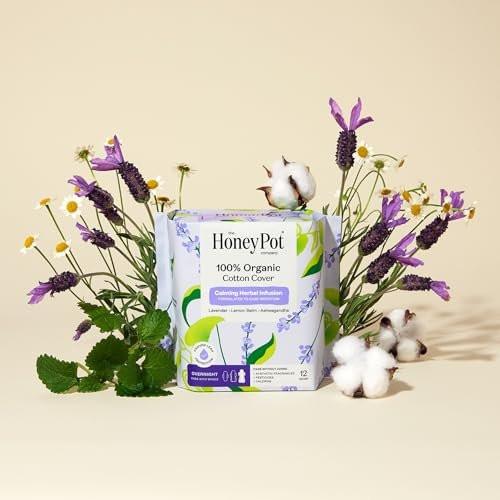 Honey Pot Beruhigende Übernacht-Binden für Frauen – 100% Bio-Baumwoll-Decklage – Damenpflege – Nicht kühlend – Beruhigende Kräuter mit Lavendel, Ashwagandha & Zitronenmelisse – 12 Stück
