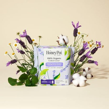 Honey Pot Beruhigende Übernacht-Binden für Frauen – 100% Bio-Baumwoll-Decklage – Damenpflege – Nicht kühlend – Beruhigende Kräuter mit Lavendel, Ashwagandha & Zitronenmelisse – 12 Stück