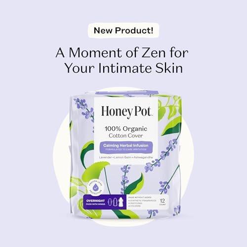 Honey Pot Beruhigende Übernacht-Binden für Frauen – 100% Bio-Baumwoll-Decklage – Damenpflege – Nicht kühlend – Beruhigende Kräuter mit Lavendel, Ashwagandha & Zitronenmelisse – 12 Stück