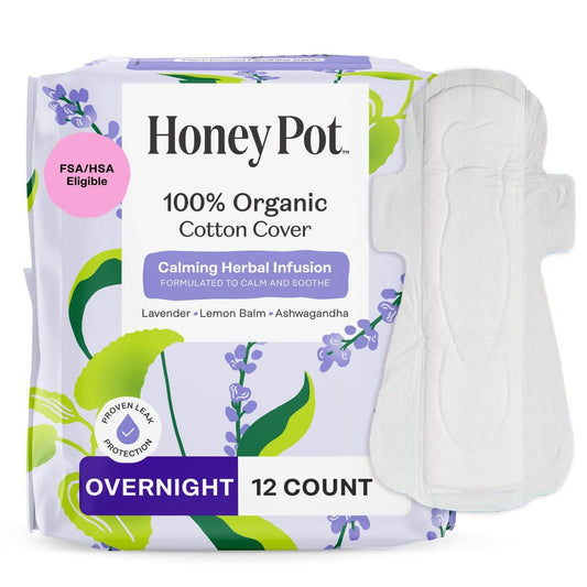 Honey Pot Beruhigende Übernacht-Binden für Frauen – 100% Bio-Baumwoll-Decklage – Damenpflege – Nicht kühlend – Beruhigende Kräuter mit Lavendel, Ashwagandha & Zitronenmelisse – 12 Stück